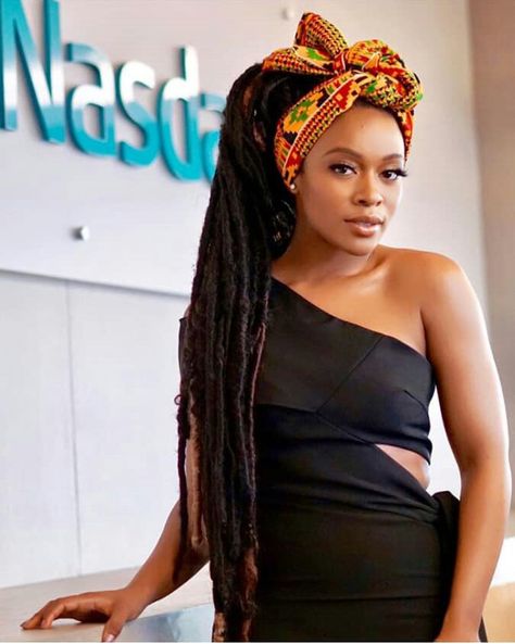 Nomzamo Mbatha Wrapping an African Print Doek with Faux Locs - Clipkulture | Clipkulture Styles On Braids, Black Faux Locs, Jumbo Locs, Doek Styles, Jumbo Faux Locs, Nomzamo Mbatha, Box Braids Updo, Black Box Braids, Faux Locks