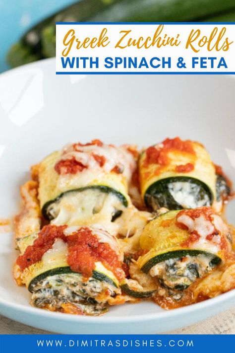 These Greek-Style Zucchini rolls are filled with spinach, feta, and herbs, then, topped with marinara sauce and cheese. I kept the filling vegetarian with the flavors of spanakopita. They’re a delicious low-carb option that the whole family will love. #zucchinirolls #spanakopita #vegetarian #easyhealthyrecipes #greekrecipes #dimitrasdishes Dimitras Dishes, Zucchini Rolls, Greek Recipes Authentic, Easy Pasta Sauce, Zucchini Feta, Pasta Sauce Homemade, Homemade Sauce Recipes, Spinach Feta, Greek Dishes