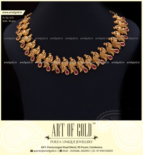 Light Weight Gold Peacock Necklace with Kemp Stones. Click to Buy. Necklace With Weight Gold, Peacock Gold Jewellery, Peacock Necklace Designs, Peacock Design Necklace Gold, Light Weight Antique Gold Necklace, Peacock Necklace Indian Gold, Less Weight Gold Necklace, Small Gold Necklace Set Indian, New Necklace Designs Gold