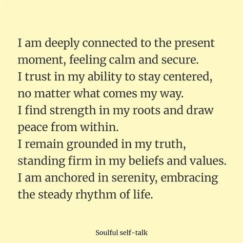 Embrace the power of being grounded and centered in the present moment. 🌍✨ Trust in your strength and find peace within. Let's cultivate stability and connection together! ______________________________________________________________ #IAmGrounded #InnerPeace #Mindfulness #StayGrounded #PersonalGrowth #SelfAwareness #Grounding #MentalWellness #BePresent #CalmMind #NatureConnection #EmotionalStability #BalancedLife #SelfCare #HolisticLiving #MindBodySoul #Empowerment #PeacefulLiving #Findin... Being Grounded, Peaceful Living, The Present Moment, Present Moment, Holistic Living, Find Peace, Self Talk, Mind Body Soul, Self Awareness