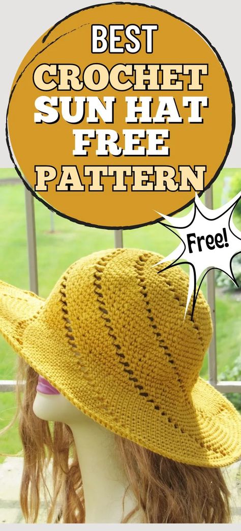 Try this free crochet sun hat pattern for women with a spiral design. The simple crochet sun hat pattern has a wired brim to help hold shape. This sun hat has a wide brim and a spiral design. Designed with 100% cotton yarn, this hat is perfect for spring and summer. Wide Brim Crochet Hat, Crochet Sun Hat Pattern, Crochet Spring Hat, Crochet Hats Free Pattern Ladies, Sun Hat Pattern, Crochet Summer Hat, Crochet Blanket Stitch Pattern, Crochet Hat With Brim, Crochet Sun