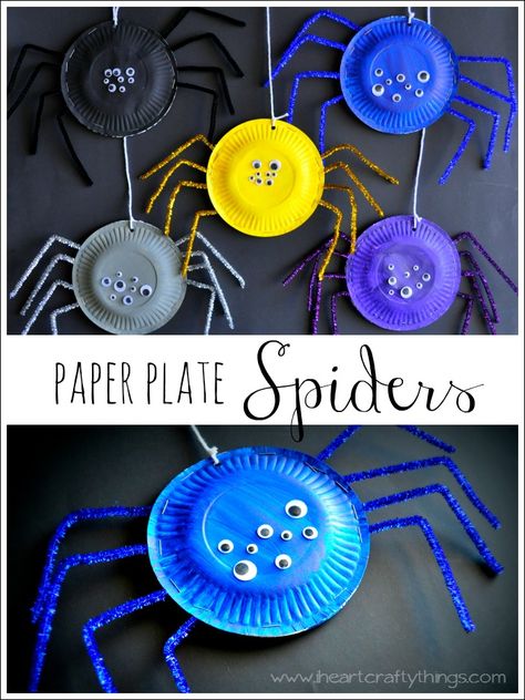 Paper Plate Spider Craft from I Heart Crafty Things. Simple and fun kids craft for #Halloween. Halloweenpyssel Barn, Høstaktiviteter For Barn, Aktiviti Prasekolah, Läskig Halloween, Spider Craft, Dekorasi Halloween, Aktiviti Kanak-kanak, Halloween Week, Hallowen Ideas