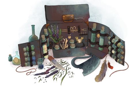 Fez Inkwright 🌿 on Twitter: "Finished up that herbalist’s kit! 🌿… " Props Concept, D D Items, Props Art, Fantasy Props, Dungeons And Dragons Homebrew, Prop Design, 판타지 아트, Dnd Characters, Larp