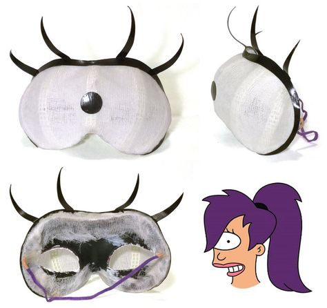 A super quick mask I made for a New Years party. All materials from the $1 store. For the quick tutorial, check out Leela's Eye WIP! Leela Halloween Costume, Futurama Leela Costume, Leela Futurama Costume Diy, Alien Antenna Diy, Leela Cosplay, Leela Costume, Futurama Costume, Futurama Cosplay, Eye Mask Diy