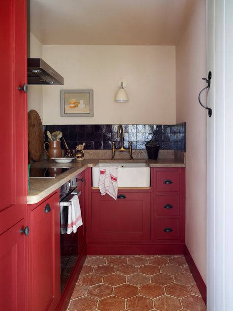 Eating Room Red, Eating Room, Reclaimed Oak Flooring, French Farmhouse Table, Zellige Tile, Unique Bathroom, Red Kitchen, Interior Design Companies, House Bathroom