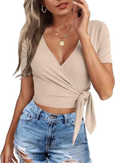 Crop Tops for Women Summer Cute Tops with Deep V Neck Shirts Sexy Unique Cross Wrap Slim Fit Tie Up Front Short Sleeve at Amazon Women’s Clothing store Amazon Shirts, Concerts Outfits, Fall Fashion 2023, Tops For Women Casual, Boho Style Outfits, Honeymoon Outfits, Casual Tie, Spring 23, Crop T Shirt