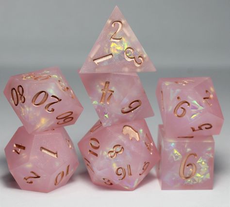 Dnd Dice Aesthetic, Pink Dice Aesthetic, Pink Dice Table, Diy Resin Dice, Pink Dnd Dice, Pink Dice, Half Elf Bard, Dice Ideas, Cool Dnd Dice