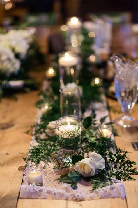 Floating candle tablescape, table runner, wedding reception ideas, head table ideas, fern centerpiece, Salvage One wedding, Emma Mullins Photography Wedding Head Table Ferns, Moss And Candle Centerpiece, Fern Centerpiece Wedding, Fern Table Runner, Fern Wedding Decor, Long Wedding Table Decorations, Fern Centerpiece, Botanical Wedding Theme, Wedding Ceremony Songs