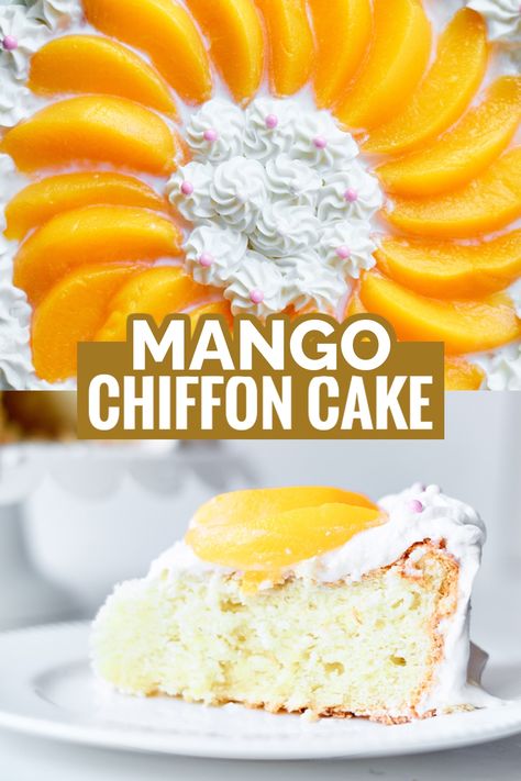 Try making this super moist, light and fluffy chiffon cake and have a delicious snack or dessert for any occasion! It's made with simple ingredients and easy to make. Enjoy! Mango Chiffon Cake Recipe, Mango Chiffon Cake, Filipino Mango, Filipino Sweets, Chiffon Cake Recipe, Peach Upside Down Cake, Cassava Cake, Tropical Desserts, 10 Inch Cake