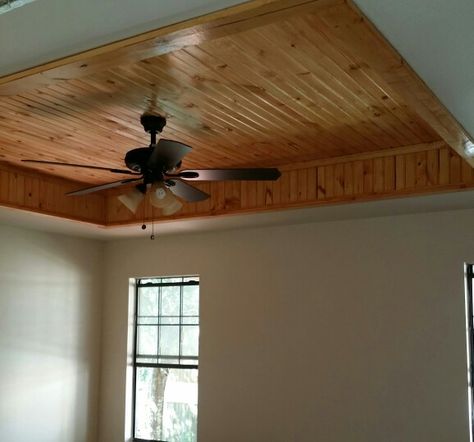 Tray ceiling with tongue and groove beaded board, stained. My hubby designed and I love! Tongue And Groove Tray Ceiling, Tray Ceiling Living Room, Wood Tray Ceiling, Ceilings With Wood, Ceiling Shiplap, Tray Ceiling Bedroom, Cozy Cabin Interior, Tray Ceiling Ideas, Trayed Ceiling