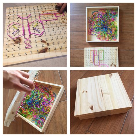 DIY Geoboard: scrap wood board, nails, rubber bands from Tiger and a wooden box recycled from a Melissa and Doug Stamp-a-scene Farm set. Rubber Band Art, Diy Geoboard, Geo Board, Table Activities, Band Art, Melissa And Doug, Recycle Box, Game Ideas, Scrap Wood