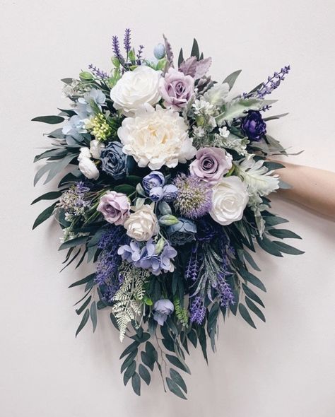 Purple Cascading Bouquet, Roses Eucalyptus Bouquet, Bridal Bouquet Lilac, Cascading Bouquet Wedding, Navy Bridal Bouquet, Navy And Sage, Lavender Bridal Bouquet, Lilac Wedding Bouquet, Protea Bouquet