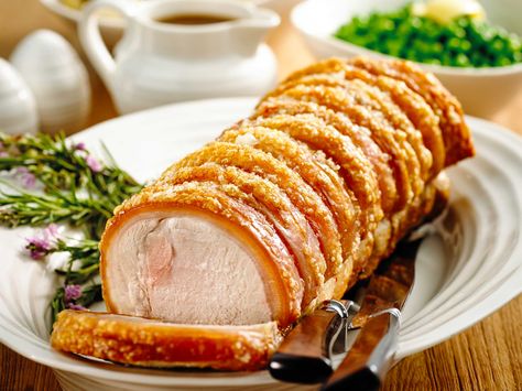 Roasted pork loin with crackling roast vegetables, gravy and apple sauce | Recipe | Australian Pork Rolled Pork Roast, Roast Pork Crackling, Crackling Recipe, Pork Leg Roast, Creamy Potato Bake, Slow Roast Pork, Roast Pork Loin, Pork Crackling, Rolled Roast