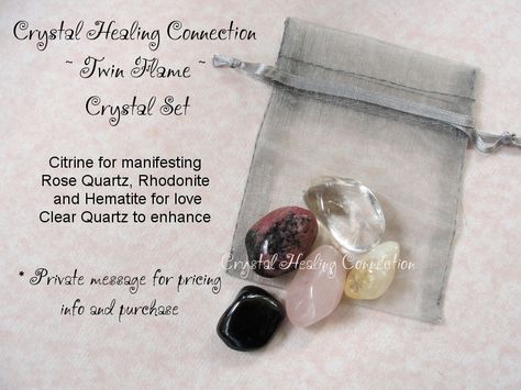 ~ Twin Flame Set ~ the crystals in this set help you to manifest and connect with your twin flame. Citrine, Rose Quartz, Rhodonite, Hematite and Clear Quartz Carry with you daily and place by the front door at night. www.thecrystalhealingconnection.com Twin Flame Healing, Spiritually Awakened, Crystal Combinations, Magic Spell Book, Spiritual Crystals, Jewelry Words, Rose Quartz Stone, Twin Flames, Spiritual Meaning