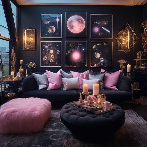 Glam Maximalist Living Room, Sapphire Room Aesthetic, Black And Mauve Living Room, Black Home Interior Aesthetic, Airbnb Decor Room Ideas Theme, Pink Gothic Living Room, Pink Celestial Bedroom, All Pink Decor, Dark Feminine Aesthetic Home