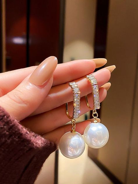 Yellow Gold Glamorous Collar Zinc Alloy Embellished Women's Fashion Jewelry Dance Earrings, Romantic Earrings, Dance Necklace, Freshwater Pearl Drop Earrings, Big Pearl, Ear Jewelry, Pearl Drop Earrings, Tahiti, Pearl Drop