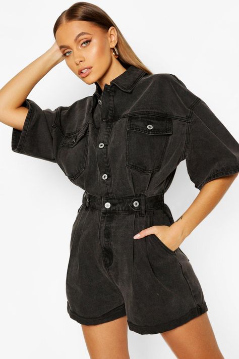 Womens Waist Detail Denim romper 62.00 USD Boyfriend Styles, Punk Badges, Perfect Jeans Fit, Outing Ideas, 5sos Concert, Denim Playsuit, French Street Fashion, French Street, Romper Black