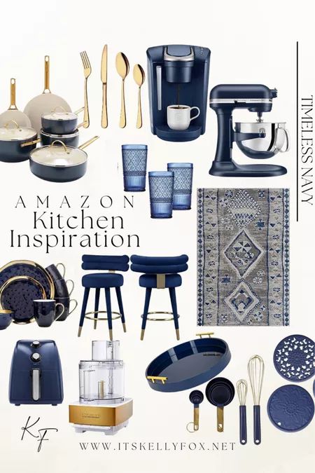 Blue And Navy Kitchen, Dark Blue Kitchen Accessories, Grey Kitchen With Navy Accessories, Black And White Kitchen With Blue Accent, Blue White And Gold Kitchen Decor, Kitchen With Blue Accessories, White Kitchen Blue Accessories, Blue And White Kitchen Apartment, Grey And Blue Kitchen Decor Ideas