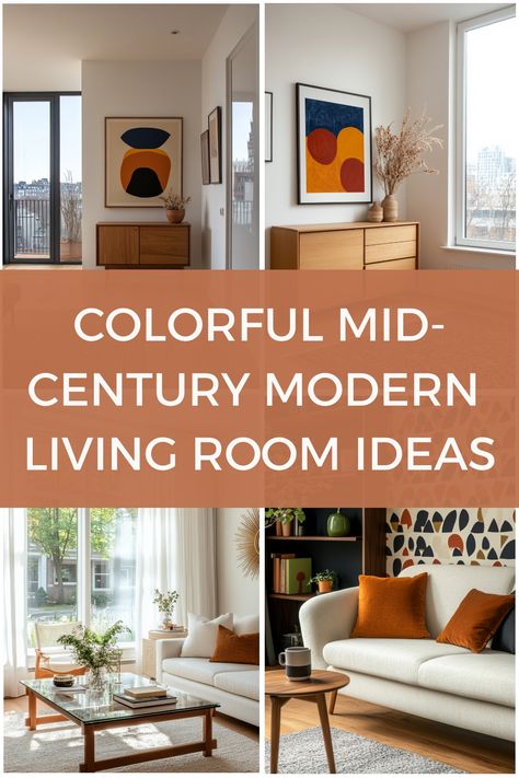 Colorful mid-century modern living room with abstract art and cozy seating. Mid-century Modern Apartment Decor Ideas, Midcentury Modern Living Room Design, Midcentury Modern Color Palette, Mid Century Boho Living Room, Mid Century Modern Color Palette, Mid Century Modern Apartment, Colorful Mid Century Modern, Mid Century Modern Home Decor, Modern Living Room Ideas