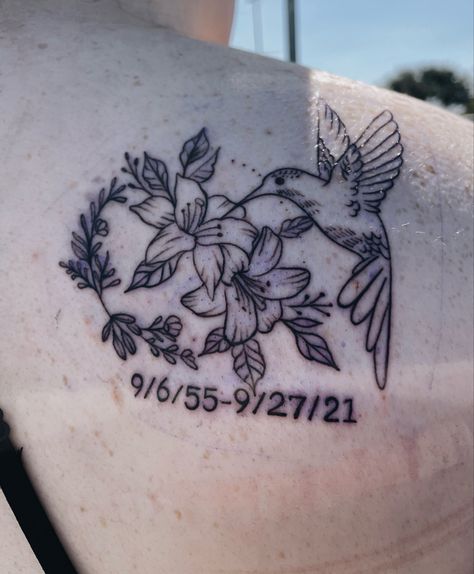 Hummingbird Tattoo For Loved One, Hummingbird Tattoo Memorial Grandmothers, Hummingbird Tattoo With Lilies, Hummingbird Mom Tattoo, Humming Bird Memorial Tattoos, Cardinal Hummingbird Tattoo, Hummingbird Tattoo With Name, Hummingbird Memorial Tattoo Mom, Hummingbird Tattoo In Memory Grandma