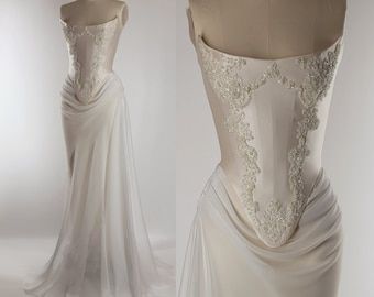 Pre-order Custom Bridal Cream Pearl White Satin Corset Mini Low V Back Skirt Hand Beaded Lace Crystal Embroidered Sheer Long Sleeves Dress - Etsy UK Silk Corset, Lace Wedding Gown, Crystal Lace, Pretty Wedding Dresses, Wedding Dresses Corset, Dream Wedding Ideas Dresses, White Chiffon, Wedding Gowns Lace, Rock Design