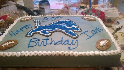 Detroit Lions Cake, Lion Birthday Cake, Lion Cookies, Lion Birthday, Football Cake, Superbowl Party Food, Superbowl Party, Sheet Cake, Cookie Cake