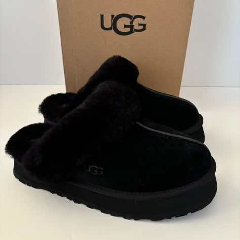 Women’s Ugg Disquette Slippers New In Box Black Reasonable Offers Over $80 Are Welcome Women’s 9 Interior Tag Marked In Red To Prevent Returns See Hologram Tag For Proof Of Authenticity Ships Within One Business Day Suede Upper Sheepskin Collar 10mm Sheepskin Lining 10mm Sheepskin Insole Eva Outsole Textile Binding Made From 100% Recycled Polyester Fibers 1" Platform Height Woven Label With Ugg Logo On Insole, Heat-Embossed Ugg Logo Baby Boy Suit, Black Uggs, Black Slippers, Ugg Slippers, School Fits, School Shoes, Woven Labels, Womens Uggs, Cute Black