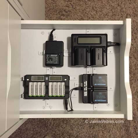 IKEA Alex, photographer battery charging station. Photographer Office Ideas, Photography Office Ideas, Photographer Workspace, Photographers Desk, Photography Gear Storage, Charging Station Ideas, Photographers Office, Camera Gear Storage, Photography Storage