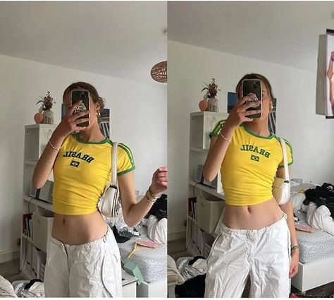 #graphictee #brazil #croptop Brazil Crop Top, Brazil Shirt, Y2k Shirts, Crop Top Y2k, Cut Off Shirt, Cropped Graphic Tees, Graphic Tees For Women, Streetwear Shirts, Y2k Tops