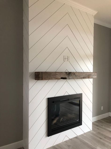 Fireplace Wood Wall Ideas, Accent Walls In Living Room With Electric Fireplace, Modern Fireplace Remodel Ideas, Fireplace Feature Wall Ideas Shiplap, Stained Shiplap Fireplace Wall, White Chevron Fireplace, Plank Accent Wall Living Room, Bedroom Tv And Fireplace Wall, We’re Building A House Announcement