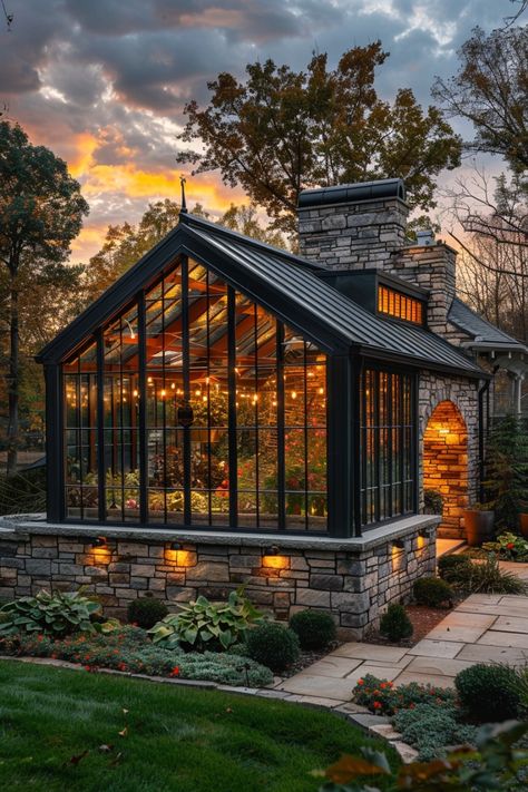 Greenhouse With Stained Glass Windows, Diy Greenhouse Attached To House, House With Attached Greenhouse, Greenhouse Addition To House, Greenhouse Extension, Victorian Green House, Garden Glass House, Greenhouse Exterior, House Atrium