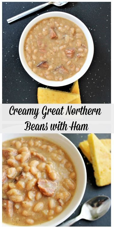 Creamy beans with tender ham chunks.  MyRecipeReviews.com Ham And Lima Bean Soup Crock Pot, Ham And Bean Soup Recipes Crockpot Great Northern Beans, Great Northern Beans In The Crockpot, White Beans With Ham Hocks, Pa Dutch Ham And Bean Soup, Easy Ham And Beans Recipe, Ham And Bean Soup Recipes With Great Northern Beans, Ham And Bean Recipes, Old Fashioned Ham And Beans