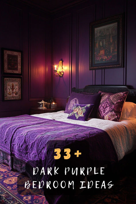 Want to create a luxurious retreat? 🌌 Explore 33 dark purple bedroom ideas that bring sophistication and depth to your space. From plush textiles to elegant decor, these designs offer a perfect blend of style and comfort. Ready to see how you can infuse your bedroom with this rich hue? Click to discover all the dreamy ideas! #DarkPurpleBedroom #InteriorDesign #LuxurySpaces #BedroomDecor #SophisticatedStyle #HomeInspo #ElegantInteriors Grey And Dark Purple Bedroom, Purple Bedrooms Aesthetic, Purple Jewel Tone Bedroom, Royal Colors Bedroom, Dark Academia Purple Bedroom, Elegant Purple Bedroom Ideas, Dark Purple Bedroom Walls, Moody Purple Bedroom, Purple Gothic Bedroom