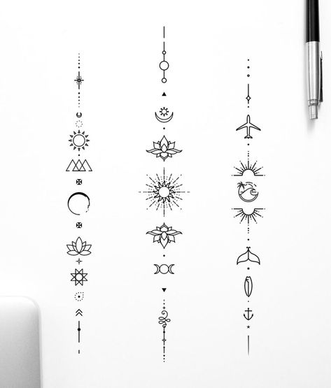 Custom Tattoo Design - Get your perfect tiny geometric design Tiny Tattoo Symbols, Spine Tattoos And Meaning, Geometric Symbols Meaning, Geometric Tattoo Spine, Unalome Tattoo Meaning Symbols For Women, Fine Line Symbol Chain Tattoo, Small Geometric Tattoo For Women, Henna Back Tattoo Designs, Feminine Energy Tattoo Ideas