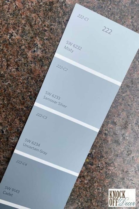 Sherwin Williams Misty Bathroom, Misty Sherwin Williams Bedroom, Moon Mist Sherwin Williams, Sherwin Williams Misty Paint, Misty Sherwin Williams Bathroom, Misty Blue Bedroom, Sherwin Williams Misty, Greyish Blue Paint, Soft Blue Paint Colors