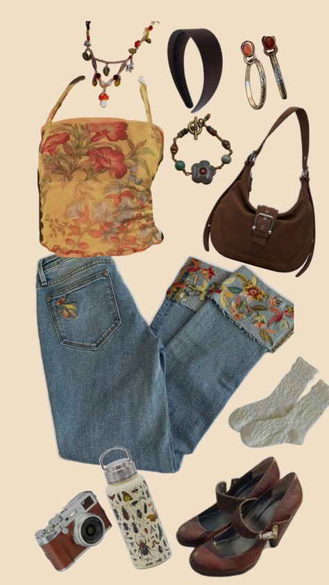 #cottagecore #floral #earthytones #outfit #cute #inspo Cottagecore Going Out Outfit, Downtown Cottagecore Outfits, Bright Cottagecore Outfit, Cottagecore Jeans Outfit, Trinket Core Outfit, Trinketcore Outfit, City Cottagecore, Cottage Core Aesthetic Clothes, Summer Cottagecore Outfits