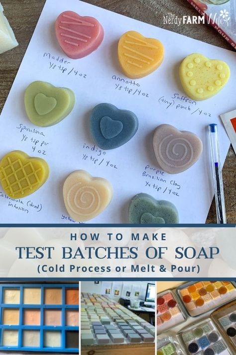 Learn how to make small test batches of soap to try out new colorants, additives, and essential oil blends. (Directions for both cold process and melt and pour types of soapmaking!) Types Of Soap Base, Diy Soap Molds Ideas How To Make, How To Layer Melt And Pour Soap, Small Soap Studio, Natural Soap Colorants Melt And Pour, Small Batch Cold Process Soap Recipe, Cold Pour Soap Recipe, How To Start A Soap Making Business, Cold Soap Process Recipes