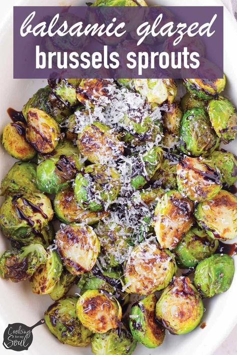 Balsamic Glazed Brussels Sprouts! This super easy recipe for roasted brussels sprouts with balsamic glaze is super easy and takes minimal prep work. It's a great side dish for any occasion #cookingformysoul Balsamic Glaze Brussel Sprouts, Roasted Brussels Sprouts With Balsamic, Glazed Brussels Sprouts, Party Meals, Balsamic Brussel Sprouts, 2024 Meals, Thanksgiving Dinner Recipes, Roasted Brussels Sprouts, Low Carb Side Dishes