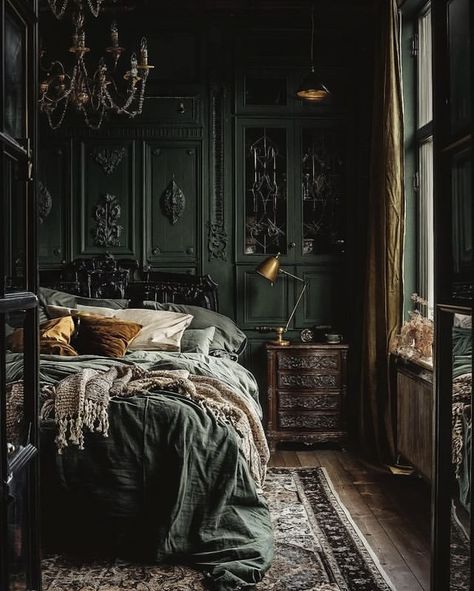 Green Victorian Bedroom, Feminine Bedroom Ideas, Green Room Ideas Bedroom, Slytherin Room, Dark Feminine Bedroom, 1 Color Palette, Dark Green Rooms, Bedroom Aesthetic Cozy, Royal Bedroom