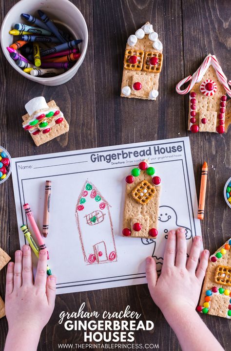 Say good-bye to milk carton gingerbread houses and hello to graham cracker gingerbread houses! These adorable gingerbread houses made with graham crackers are easy, kid-friendly, and perfect for holiday or classroom parties. All you need to make these gingerbread houses are graham crackers, frosting, marshmallows, and few decorating ingredients. Click through to get step-by-step directions on how to make graham cracker gingerbread houses along with a few no prep extension page. Graham Cracker Gingerbread Houses, How To Make Graham, Graham Cracker Gingerbread, Graham Cracker Gingerbread House, Gingerbread Unit, Gingerbread Man Activities, Gingerbread Activities, Printable Princess, Gingerbread Party