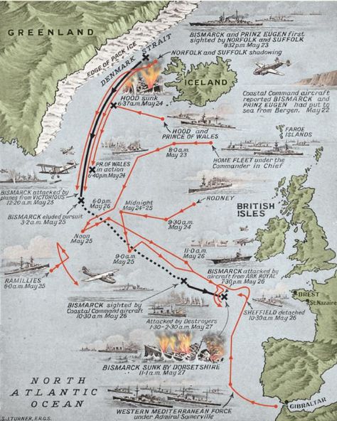 Sinking the Bismarck – Map of the last voyage of the Bismarck, May 1941. Military History Monthly Battle Maps. Sink The Bismarck, Wwii Maps, Perang Dunia Ii, Naval History, Rms Titanic, British History, Old Map, Navy Ships, Historical Maps