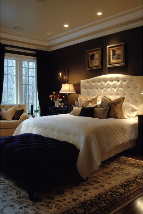 A cozy bedroom featuring a tufted white headboard, layered bedding with decorative pillows, soft ambient lighting from bedside lamps, a plush ottoman, and a patterned area rug, creating an elegant and relaxing retreat Master Bedrooms Decor Romantic, Layer Lighting, Relaxing Bedroom Ideas, Textured Pillows, Cozy Bedroom Decor, Layered Bedding, Upholstered Wall Panels, Plush Rugs, Black Bench