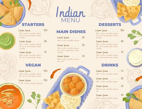 Indian Menu Design, Breakfast Menu Design, Menu Ayam, Ayam Penyet, Menu Design Layout, Watercolor Menu, Watercolor Indian, Healthy Restaurant Food, Wedding Food Menu