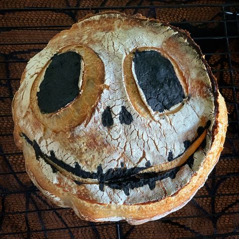 Homemade Jack Skellington Sourdough bread. Jack Skellington Sourdough Bread, Scoring Sourdough, Fancy Bread, Sourdough Scoring, Bread Ideas, Bread Scoring, Sourdough Recipe, Homemade Breads, Bread Art