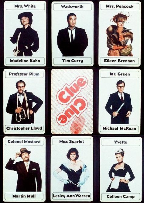 The characters of Clue. I love everything about this movie, and one of my favorite things is how they set up the end credits to look like the cards from the actual game. It's the little details that really make this movie so exciting and so much fun.: Clue Aesthetic, Clue On Stage, Clue Costume, Clue Movie, Madeline Kahn, Michael Mckean, Colleen Camp, Anniversary Gift Ideas For Him, Clue Party