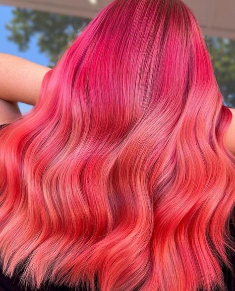 Ombre envy with @stevievincentstudios 🍑 Create this look from home with DROP IT Hot Pink and Peach💖 Flamingo Hair Color, Hot Pink Hair, Diy Hair Color, Semi Permanent Hair Dye, Multi Colored Hair, Permanent Hair Dye, Trendy Hair Color, Colorful Hair, Colored Hair