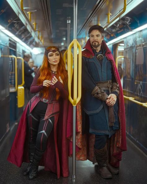 In An Alternate Multiverse @cosplay.daddy as Doctor Strange @caitlinchristinee as Scarlet Witch @california_tonystark as Tony Stark Photographed by @rebeccaseals Edited by @liquidverve #DoctorStrange #DrStrange #StephenStrange #BenedictCumberbatch #ScarletWitch #WandaMaximoff #ElizabethOlsen #IronMan #TonyStark #RobertDowneyJr #DoctorStrangeInTheMultiverseOfMadness #MultiverseOfMadness #Multiverse #Marvel #MarvelComics #MarvelUniverse #MarvelCinematicUniverse #MCU #DoctorStrangeCosplay #S... Marvel Couple Halloween Costumes, Couple Costumes Marvel, Scarlett Witch Costume, Halloween Costumes Marvel, Scarlet Witch Halloween Costume, Avengers Halloween Costume, Tony Stark Costume, Doctor Who Halloween Costumes, Doctor Strange Costume