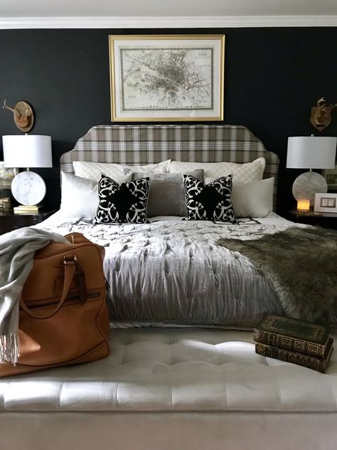 Tartan Headboard, Masculine Vintage Bedroom, Plaid Headboard, Vermont Living, Headboard Slipcover, Diy Plaid, Bedroom Moody, Scottish Interiors, Bathroom Inspiration Colors