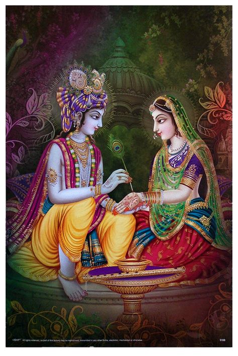 Krishna Applies Henna Mehndi to Radha's Palm - POSTER Krishna Doing Radha Shringar, Radha Krishna Wedding, Radhe Govind, Festival Wallpaper, Radha Krishna Holi, Holi Images, Mughal Paintings, Lord Hanuman Wallpapers, Pichwai Paintings