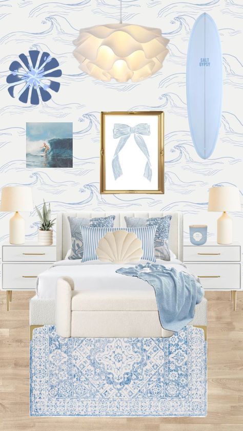 Greece Themed Room, Coastal Granddaughter Room Decor, Loveshackfancy Room, Pink And Blue Dorm Room, Pink Beach Room, Charleston Bedroom, Sorority Room, Blue And Pink Bedroom, Obx Life